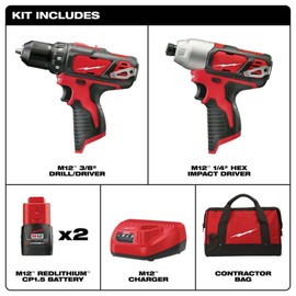 Milwaukee 2494-22 M12 Brushed Lithium-Ion 3/8 in. Cordless Drill Driver/ 1/4 in. Impact Driver Combo Kit (1.5 Ah)