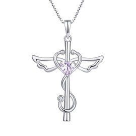 STARCHENIE Stethoscope Cross Pendant Necklace 925 Sterling Silver Angel Wings Heart Nurse Jewelry for Women June Alexandrite