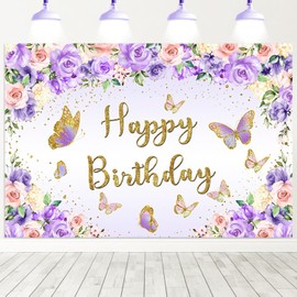 Hnmdmyi 2.1 x 1.5 m Butterfly Photo Background Purple and Pink Flowers Pastel Butterflies Gold Happy Birthday Photography Background Princess Girl Birthday Party Banner Decorations