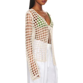 Saodimallsu Womens 2024 Summer Crochet Bathing Suit Cover Ups Long Sleeve V Neck Open Front Swimwear Cover Up Creamy-White
