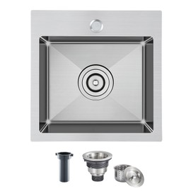 ROVATE 18 ×18 inch Drop in Kitchen Sink, Small Top-mount Kitchen Bar Sink Single Bowl, Overmount Handmade 304 Stainless Steel Bar Sink with Basket Strainer, 18 x 18 x 9 inch