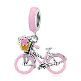 Beautiful Pink Bicycle Charm for Bracelets and Necklace, Hanging Dangle 925 Sterling Silver Enamel Pink Cartoon Bike Bead Pendant for Women