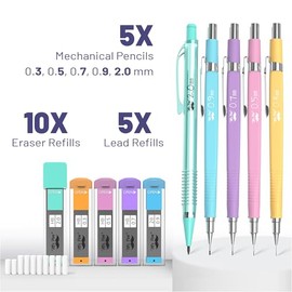 Mr. Pen - Juego de lápices mecánicos pastel con recargas de plomo y borrador, 5 tamaños, 0.3, 0.5, 0.7, 0.9, 2 mm, lápices mecánicos para dibujar y dibujar, bonitos lápices, lápices mecánicos, lápices de plomo