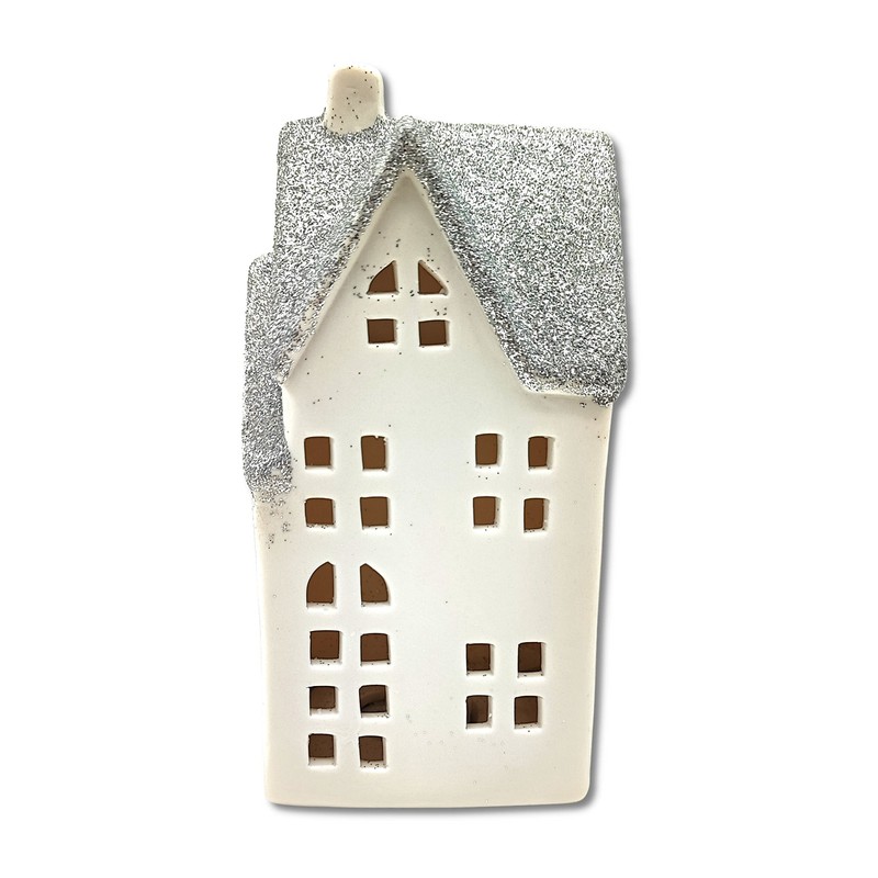 DARO DEKO Ceramic LED House Light House Silver Glitter Set