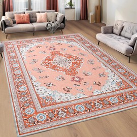 Tepook Large Washable Area Rug for Living Room, 4x6 Red Boho Rugs for Bedroom, Non-Slip Thin Low Pile Vintage Throw Carpet for Office Dining Room Kitchen Home Decor