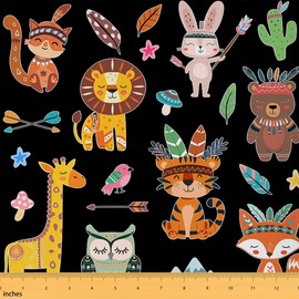 jejeloiu Cute Giraffe Fabric by The Yard 2 Yards Cartoon Fox Lion Owl Upholstery Fabric for Chairs Sofa Couch Black Animal Waterproof Fabric Wildlife Style Decor DIY Reupholstery Fabric