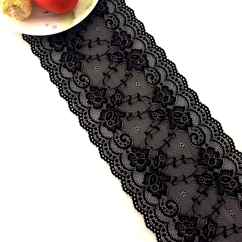 6in*5Yard Soft & Stretch Black Lace Roll Runner for Wedding