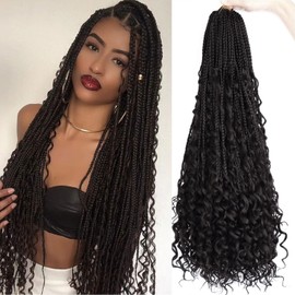 LMZIM 24 Inch 8 Packs Boho Box Braids Crochet Hair Bohemian Crochet Box Braids with Curly Ends Goddess Box Braids Synthetic Crochet Hair for Black Women (24 inch, 2)