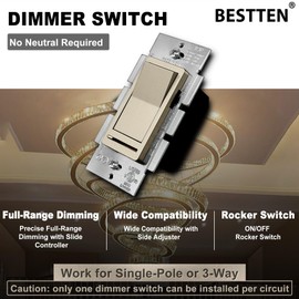 BESTTEN 5 Pack Matte Champagne Gold Dimmer Light Switch, Single Pole or 3-Way, Compatible with Dimmable LED, CFL, Incandescent and Halogen Bulb, 120VAC, Signature Collection, UL Listed