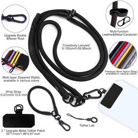 Newlibery Phone Lanyard Crossbody Wrist Strap, Clip and Go Strap for Phone with Wallet, Adjustable Anti-Theft Cell Phone Strap for All Phones (Blue-Gray Lanyard + Black Wallet)