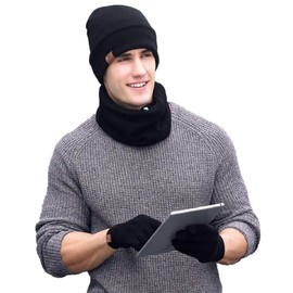 Winter Warm Knitted Crochet Beanie Hat Snood Scarf Gloves Sets Thick Thermal Neck Warmer Infinity Tube Loop Face Scarf Face Cover Slouchy Skull Cap for Men Women Outdoor Sports