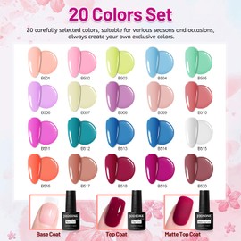 JODSONE JODSONE 20 Color Vibrant and High Shine Gel Nail Polish Kit with 3 PCS Base Coat and Matte and Glossy Top Coat