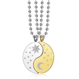 ClosJery Yin Yang Necklace For 2 Best Friends Couples Stainless Steel Matching Friendship Relationship Moon And Sun Couples Necklaces For Him And Her Set, Metal