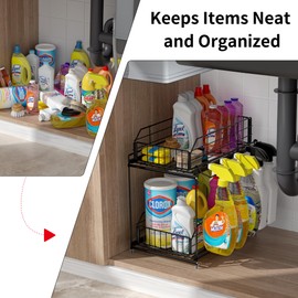SUEH DESIGN Under Sink Organizers and Storage, 2 Tier Metal Under Sink Storage with Hanging Rail for Kitchen Bathroom Cabinet Organizer, 2 Pack