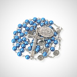 Nazareth Store Blue 6mm Glass Pearl Beads with 8mm Guardian Angel Our Father Beads St. Micahel Medal and Chalice Centerpiece in Communion Gift Box
