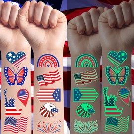 4th of July Temporary Tattoos Luminous 4th of July Decorations Favors Party Supplies Accessories American USA Independence Day Memorial Labor Day Fourth of July Red White Blue Glow in Dark Patriotic