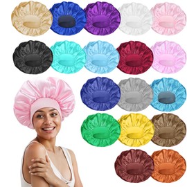 COMNICO Large Satin Bonnets for Sleeping, 18 Pcs Elastic Wide Band Hair Bonnets Soft Silky Sleep Cap Solid Color Hairs Wrap Reusable Shower Cap for Black Women Curly Hair Braids