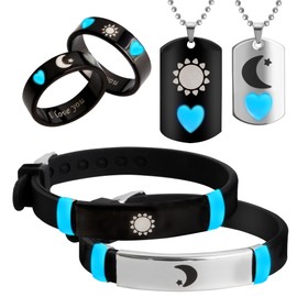 WEIZHUANG 6/Pcs Set Glowing Heart Sun and Moon Stainless Steel Matching Couple Necklaces,Bracelets and Rings, Fashion Love Gift, Romantic Accessories (Sun and Moon)