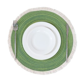 Leetaltree 15 Inch Boho Braided Christmas Placemats Set of 4 - Round Cotton Table Mats with Tassel Fringe Washable & Heat Resistant for Dining Table, Farmhouse Kitchen Decor(Green,Set of 4)