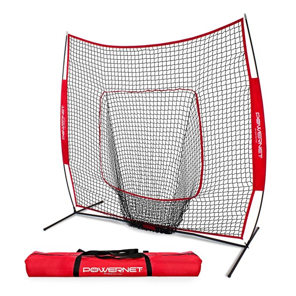 PowerNet Baseball Softball Practice Net for Hitting and Throwing with 7x7 Bow Frame (Red)