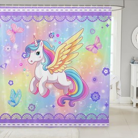 Unicorn Fabric Shower Curtain for Kids Butterfly Flower Bathroom Waterproof Accessories with 12 Hooks Multicolor Unicorn Shower Curtain Bedroom Decor Rainbows Purple Galaxy Curtains,72x72 Inches