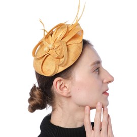 Biruil Women's Fascinator Hat Fake Sinamay Feather Tea Party Pillbox Flower Derby Church Hat(A Gold)