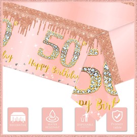 YAAVAAW Rose Gold Happy 50th Birthday Table Cloth TableCover,137 * 274cm 50th Birthday Decorations for Womens,Large Plastic Tablecloth for Women,Lady,Her 50th Birthday Party Table Supplies Decoration