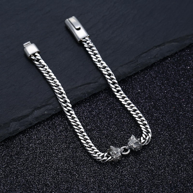 Hagkew Wolf Bracelet for Men 925 Sterling Silver Wolf Head