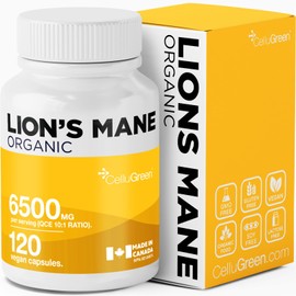 NEW! Cellugreen Organic Lion's Mane Capsules, 6500mg – Highest Strength! Supports Cognitive & Immune Health, Vegan, Non-GMO, 120 Capsules.