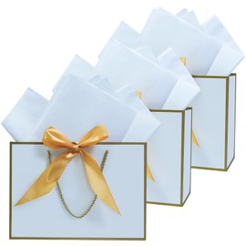 LYINUR 3Pcs Gift Bags for Presents, Medium Gift Bags with 6 Wrappers, White - Gold Valentines Gift Bag Birthday Wedding Bridesmaid Gift Bag for Her Party Bags for Him, 28 x 20 x 10 cm