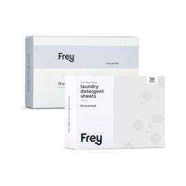 FREY Laundry Detergent & Dryer Sheets Bundle | 60 Count | Plastic Free | Liquidless Full Wash Solution | Soft Fresh Clothes (Fragrance-Free)