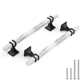 Haliwu 10 Pack White Marble Grain Cabinet Pulls, 6-5/16 inch Black Kitchen Handles, 2 Tone Solid Square Dresser and Drawer Hardware