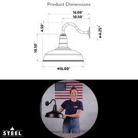 Steel Lighting Co. Gardena Barn Light | Outdoor Wall Mounted | 16" Dome | 11" Gooseneck | Farmhouse Light Made in America | Black Exterior/White Interior