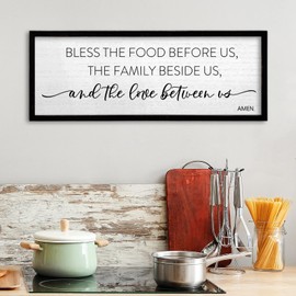 TQianJiang Bless the Food Before Us Wall Decor 24"X10" Dining Room Kitchen Sign Large Wood Framed Wall Hanging Art (Black)