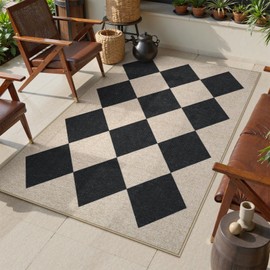 Collive Checkered Easy Jute 3x5 Outdoor Patio Rugs, Washable Modern Entryway Rug for Living Room Non Slip, Black Woven Indoor Mat Diamond Carpet for Bedroom Front Door Backyard Camping