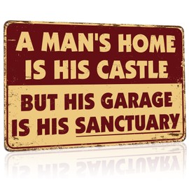 Rousen Man Cave Signs, Garage Decor for Men, Funny Metal Sign, Suitable for Garages, Bars,4 Holes for Easy Hanging,A Man's Home Is His Castle But His Garage Is His Sanctuary