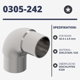 Sellon24® Stainless Steel Round Elbow Pipe Elbow 90° for Pipe 42.4 x 2.0 mm Handrail Connector Plug Fitting Angle Pipe Connector Railing Handrail Balcony Pipe Elbow Split End Piece V2A Polished