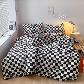 KAREVER Black White Grid Comforter Set Full Black Plaid Bedding Set Girls Black and White Checkered Bed Comforter Set Breathable Blanket Set Kids Durable Bedding Comforter Set