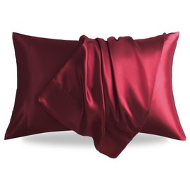 LIFCOM Satin Pillowcase for Hair and Skin,Standard Burgundy 20x26 Inches Set of 2，Similar to Silk,Silky Feel Satin Pillow Covers 2 Pack with Envelope Closure(20"×26", Burgundy)