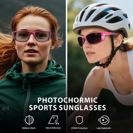 Myiaur Self-tinting cycling glasses, women's polarised photochromic sunglasses, sports sunglasses with UV400 protection for running, cycling, A01 Rose Red
