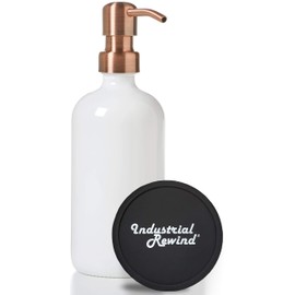 White Soap Dispenser with Antiqued Copper Metal Pump - 16oz Glass Bottle for Liquid Soap, Lotion or Shampoo by Industrial Rewind (White/Copper)