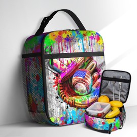 Baseball Lunch Box for Kids Sports Ball Lunch Bags Cute Lunch Pail Cooler Insulated Lunch Tote Bag Reusable Side Pocket Portable Lunch Box for Boys Adjustable Strap Lunch Bag for Women School Daycare