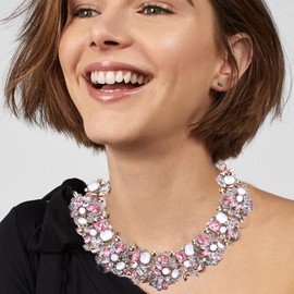 Zthread Rhinestone Bib Statement Necklace Crystal Choker Collar Necklace for Women Fashion Jewellery (Pink + White)