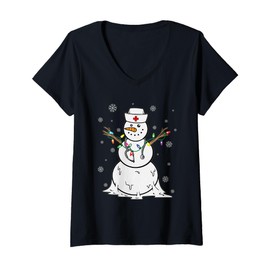 Womens Funny Snowman Nurse Scrub Christmas Pajamas Xmas Lights V-Neck T-Shirt