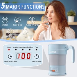 HYTRIC Travel Electric Kettle, 700ML Foldable Small Electric Kettle BPA-Free, Portable Kettle with Multifunctional Panel, Collapsible Hot Water Kettle with Keep Warm & Delay Start, 110V Blue