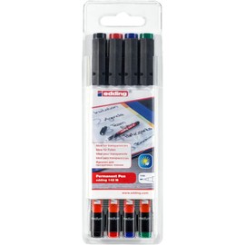 edding 142 M Permanenter Folienschreiber - 4er-Set - 4 bunte Farben-Rundspitze 1mm-zum Schreiben auf Glas Kunststoff Folien und glatten Oberflächen - permanent schnelltrocknend wisch- und wasserfest