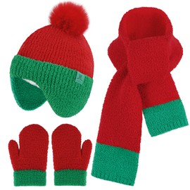 Bequemer Laden Toddler Kids Winter Hats Mittens Gloves Scarf with Warm Ear Flaps Pom Pom Baby Beanie for 0 6 12 18 Months 1 2 3 4 Years Old Girls Boys Gifts