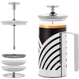 Ovente French Press 12 Ounce Coffee & Tea Maker, 4 Level Stainless Steel Filter System & Heat Resistant Borosilicate Glass, Portable Pitcher for Travel Gift Easy Clean Carafe w/ Scoop, Silver FSD12P