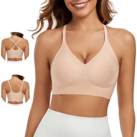 Comfortable Seamless Wireless Bra Cross Back Pull on Bras V Neck Cami Bralette with Support Sport Everyday Bra Skin