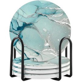 Set of 4 Ceramic Drink Coasters Green Silver Marble Pattern - Absorbent Cork Base - Heat Resistant - Non-Slip Grip Base - Housewarming Gift (Set of 6 with Holder)